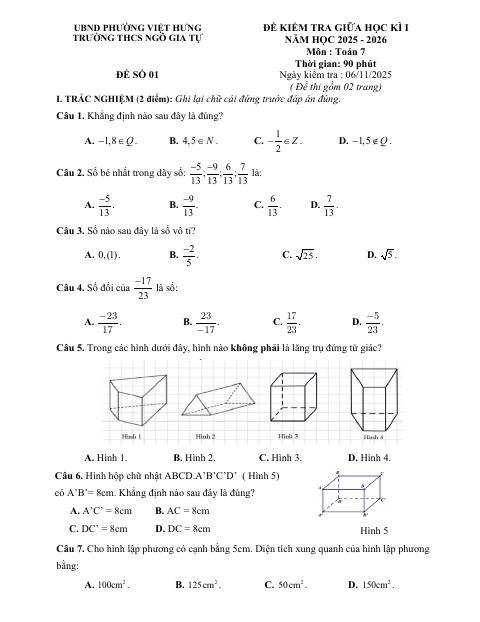 Đề thi Giữa kì 1 Toán 7 năm 2025-2026 trường THCS Ngô Gia Tự (Hà Nội)